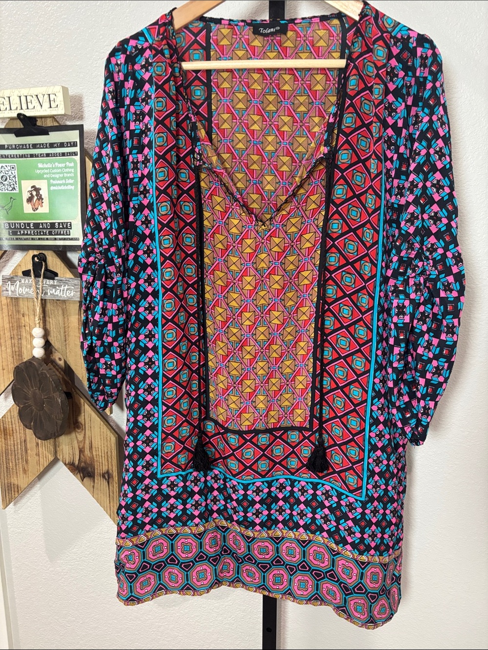 Silk Tolani Pink Turquoise Red Geometric V-Neck Tunic or mini dress 20”ptp 30”L